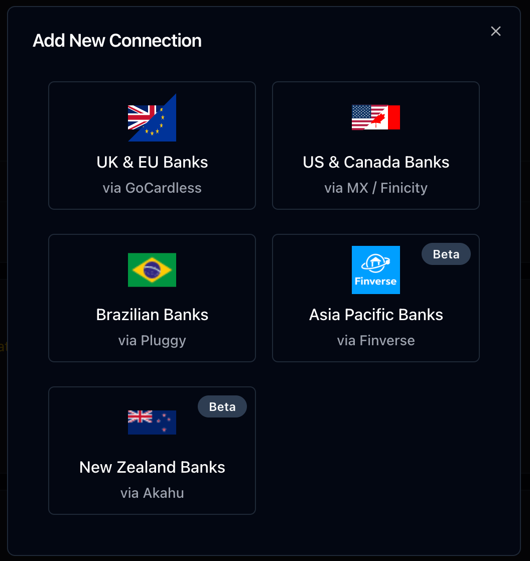 Selecting UK & EU banks from the new connection picker